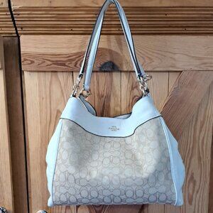 Coach Lexi Signature Ivory and Beige Large Bag Tote Purse Canvas and Leather